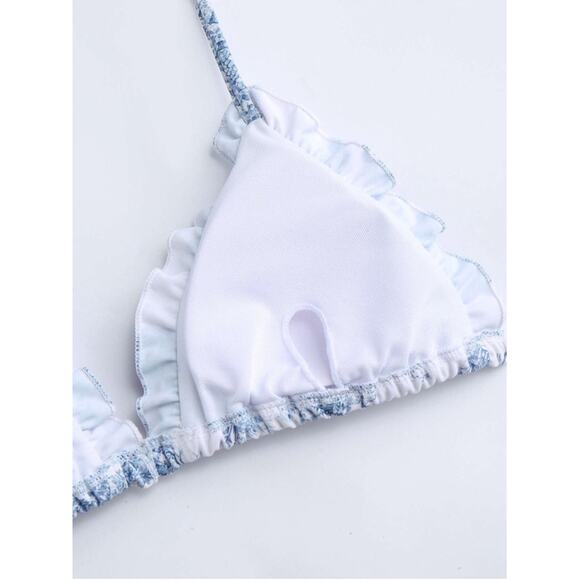 Cider White Blue Toile Print Ruffle Bikini Set Xs/S NWOT - Picture 8 of 9